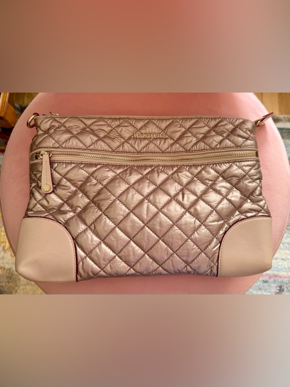 MZ Wallace Rose Gold Quilted Crossbody with Blush Trim